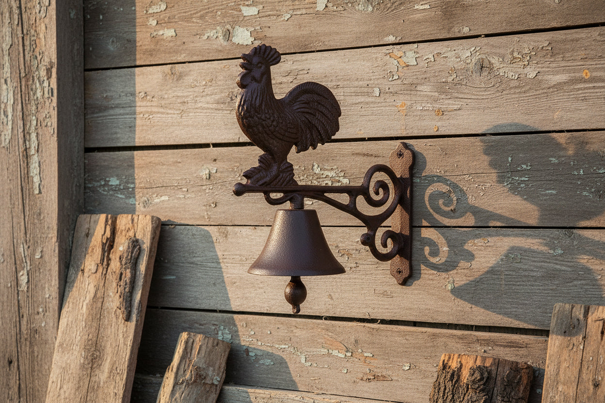 dørbjelle / dørklokke i støpejern - dekorert med en hane på toppen