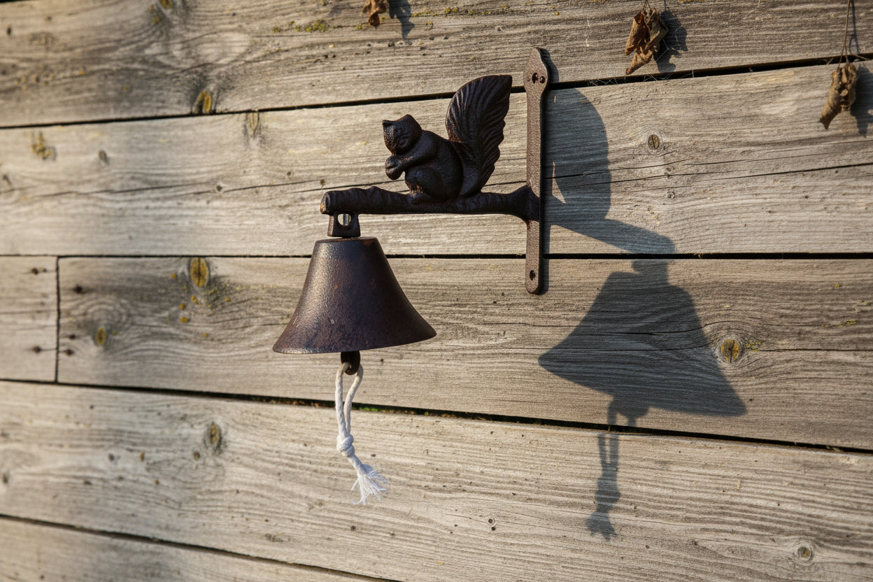 dørbjelle / dørklokke laget i støpejern - dekorert med ekorn