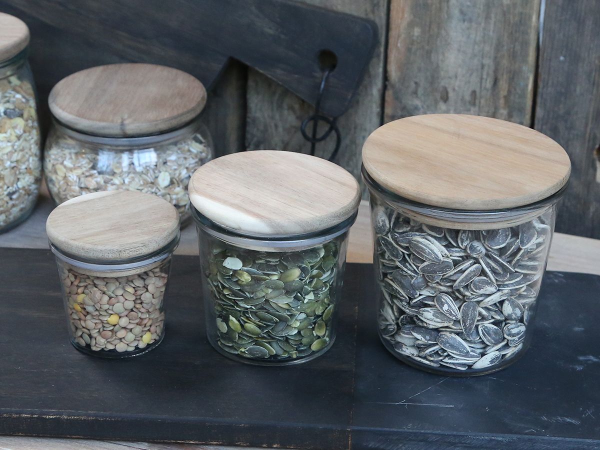 oppbevaringsglass trelokk kjøkken frø korn nøtter
