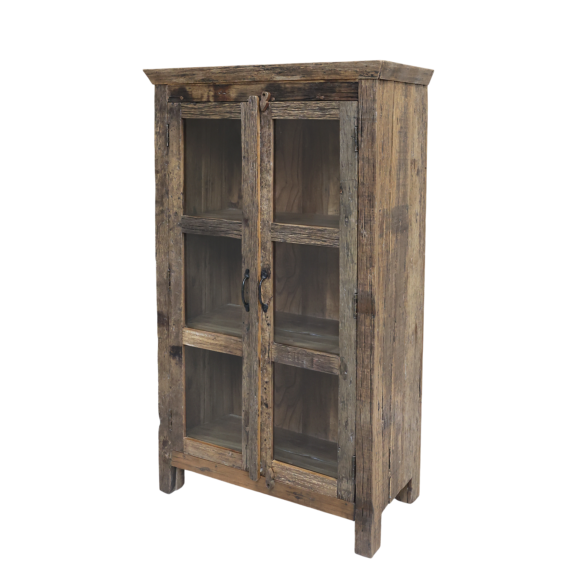 rustikk vitrineskap laget av resirkulert / gjenbruks treverk