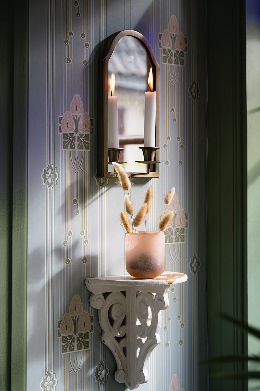 vegglysestake med speil - antikk messing