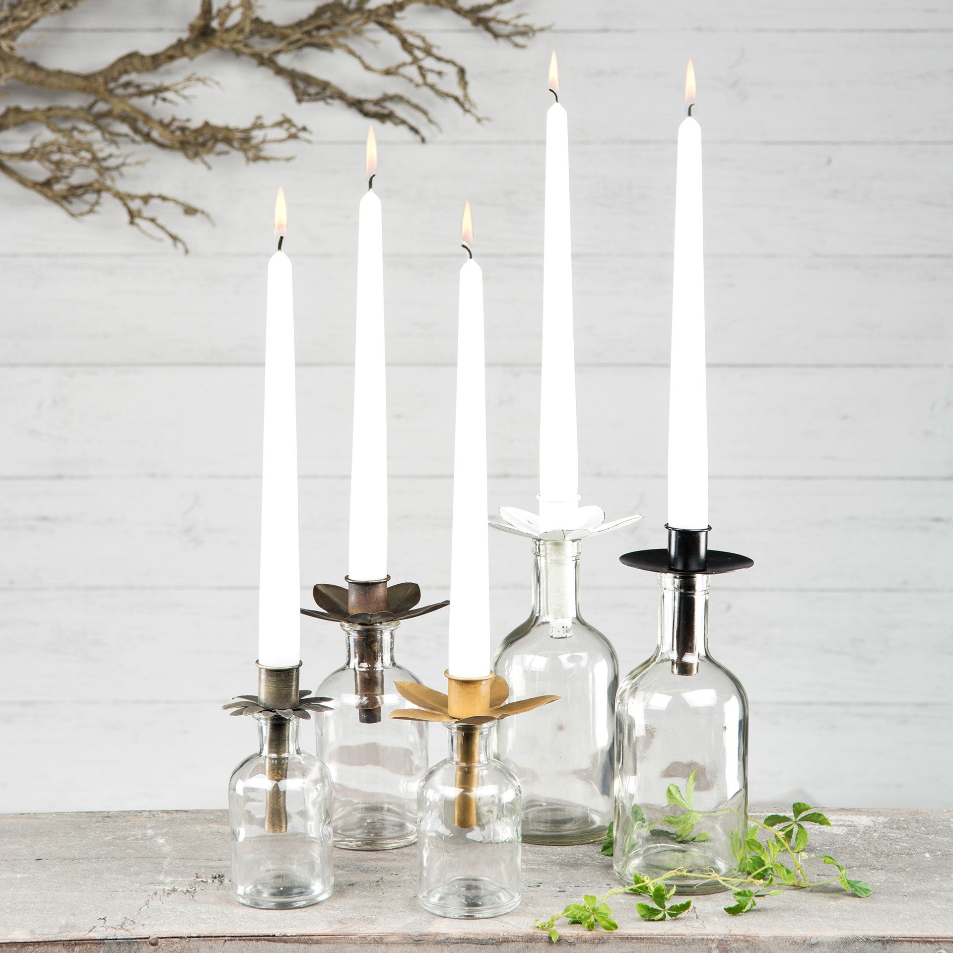 apoterkerglass liten glassflaske lysestake