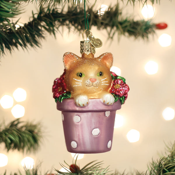 julekule glass - katt i blomsterpotte