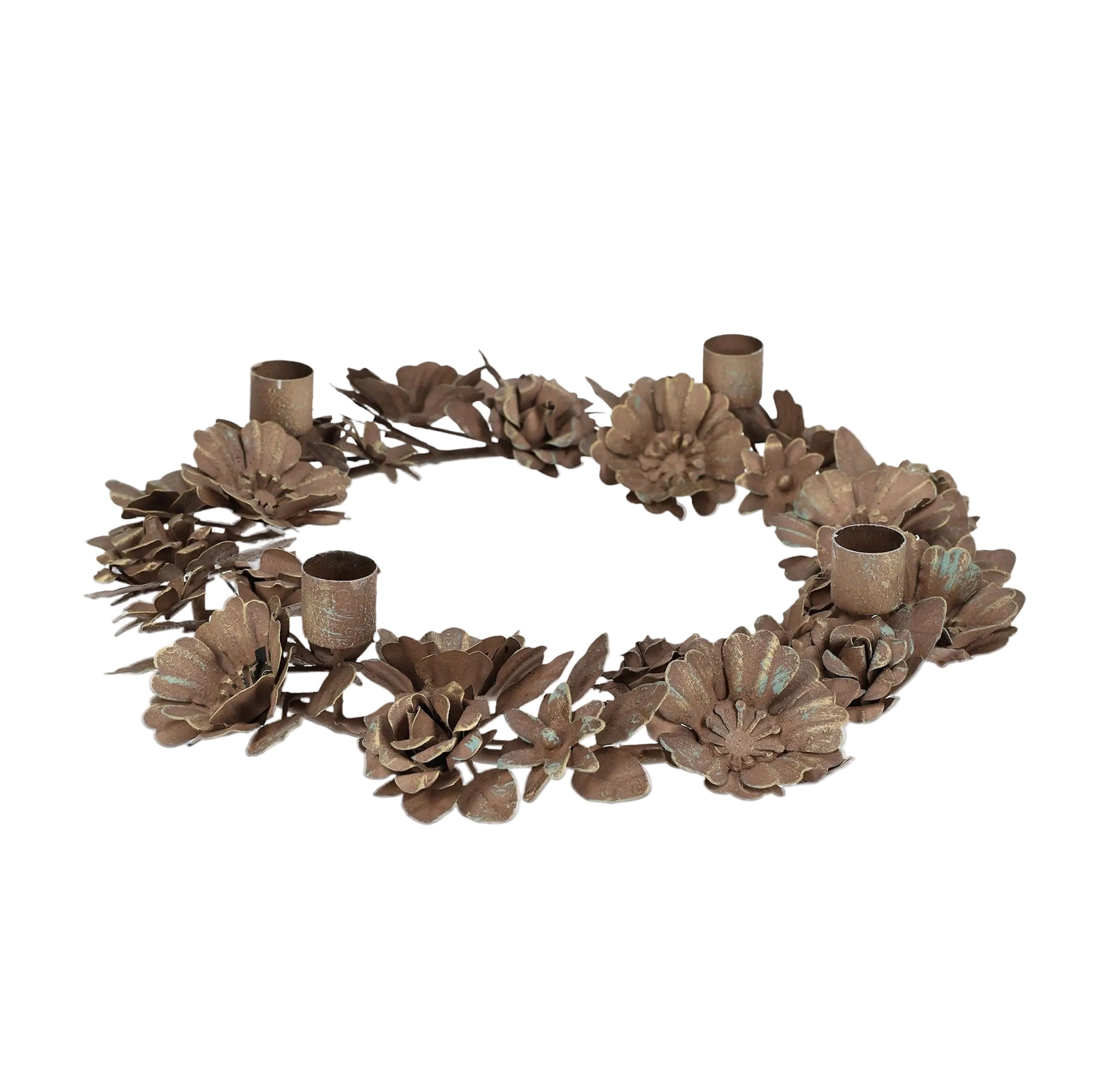 rundt lysestake for fire lys - dekorert med blomster