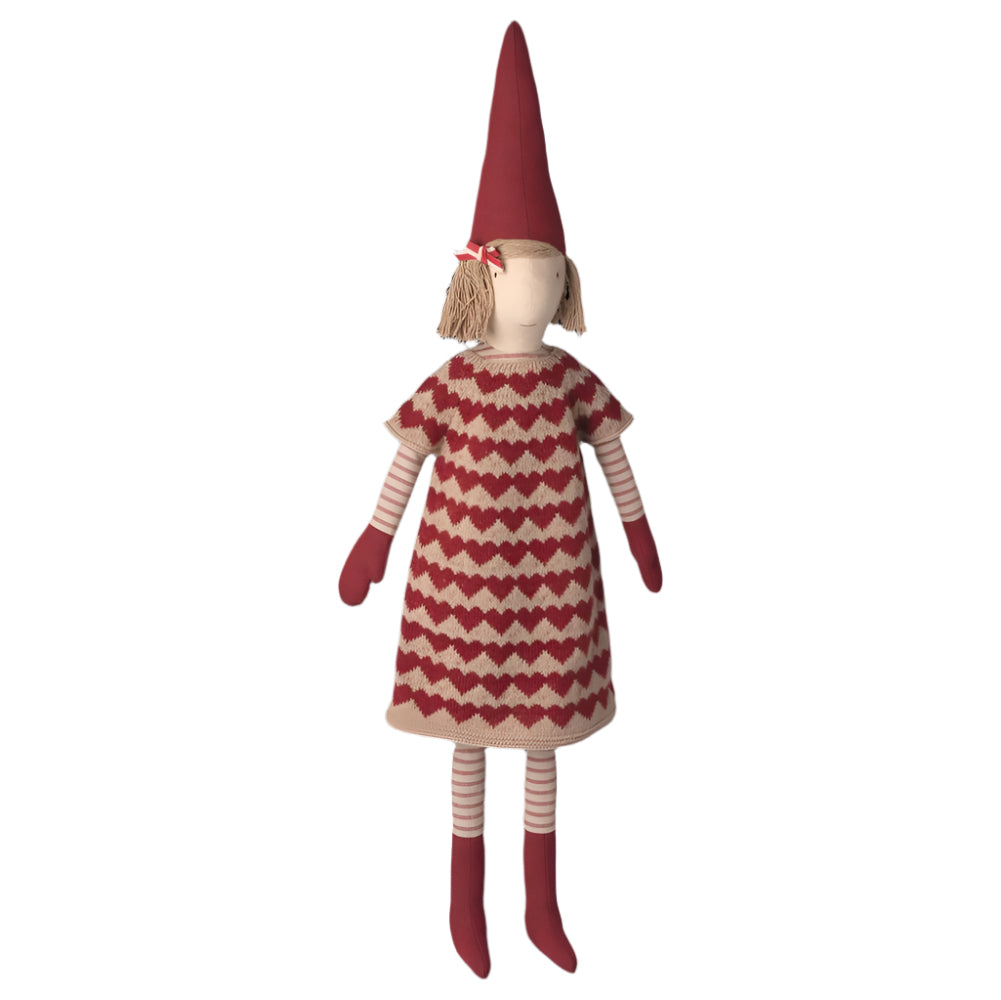 maileg pixy nisse jente size 5 - strikket hjertekjole