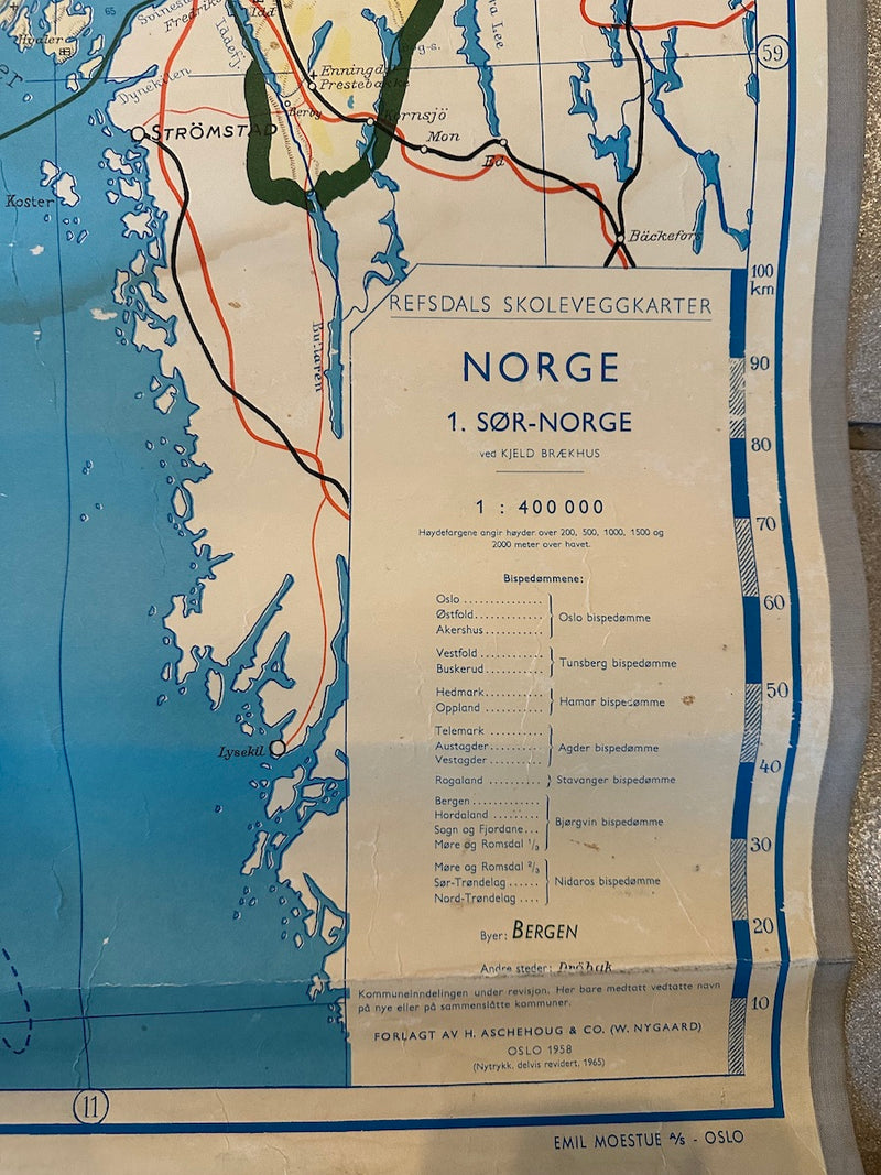 Vintage Skolekart Sør-Norge - 175x118cm