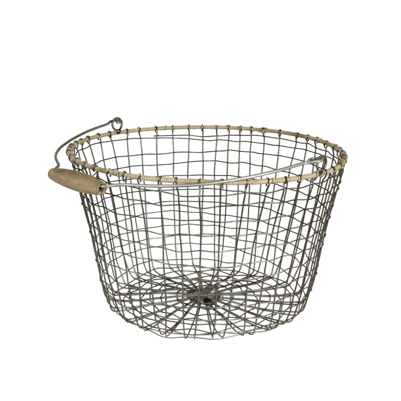 trådkurv rund stor - laget i sink med trehåndtak